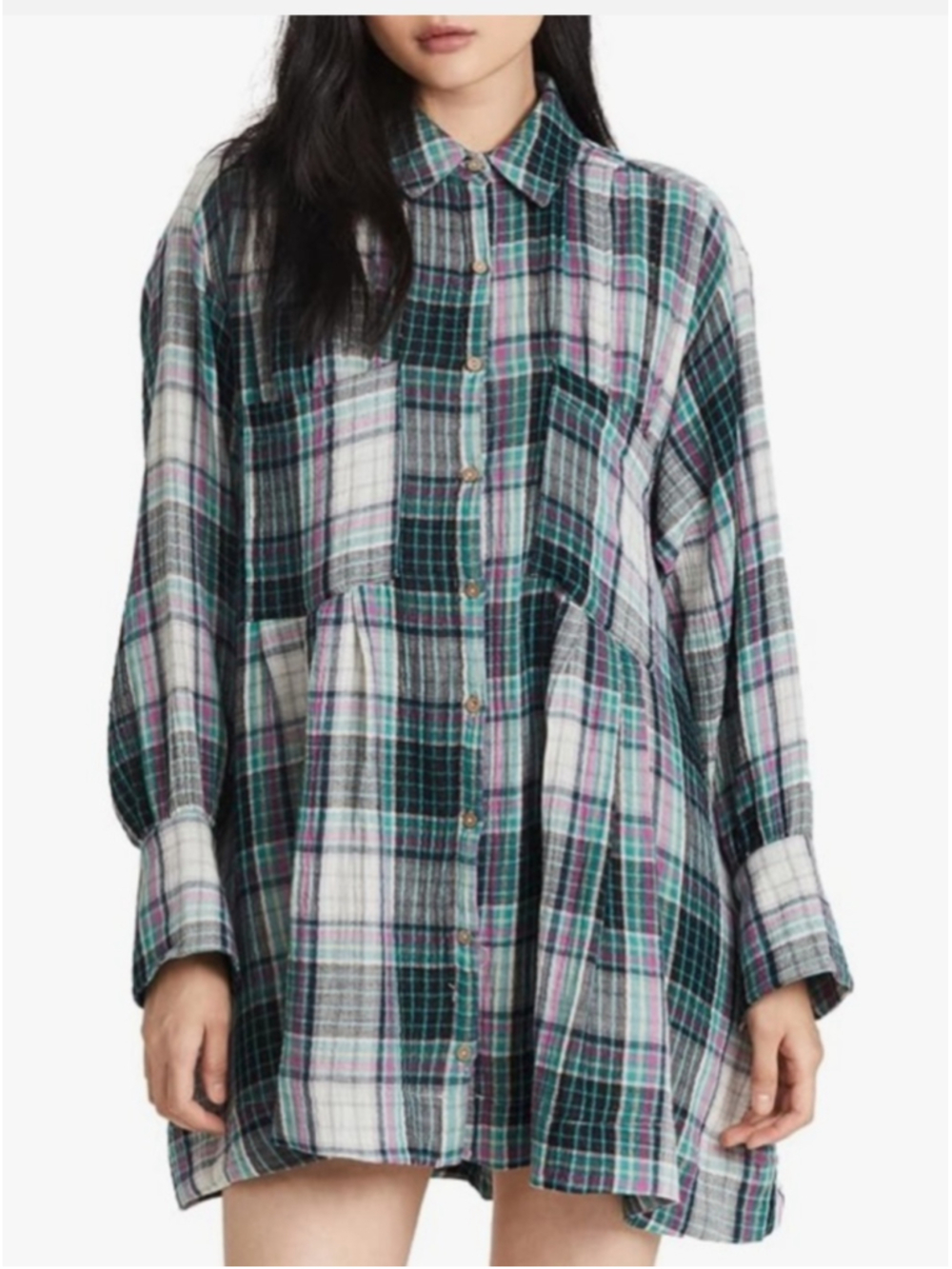 Free People Women's Plaid Button Down Shirt Size S Green White